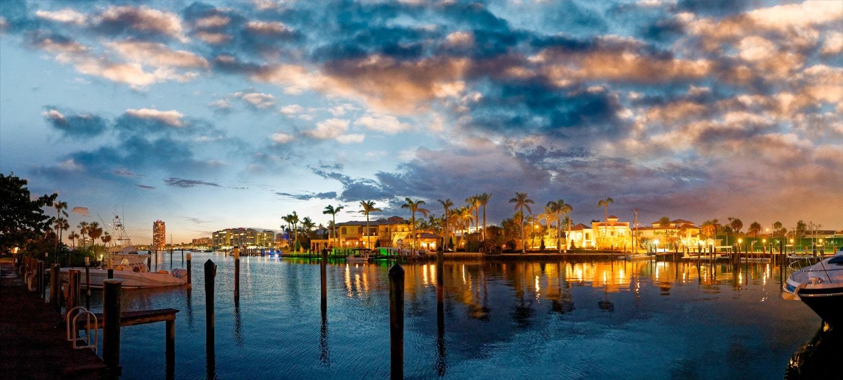 Beautiful sunset and waterfront homes in Boca Raton, Southeast Florida